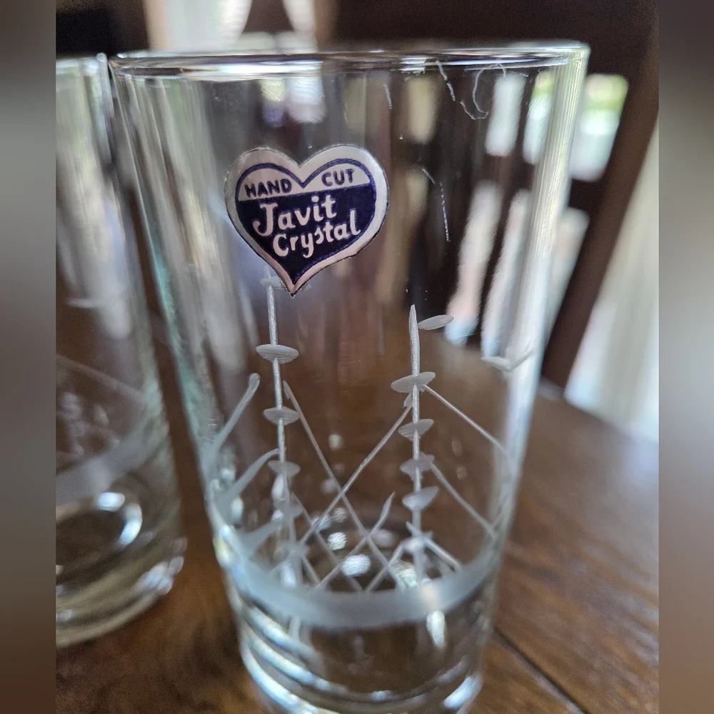 Mid Century Sailboat Highball Glasses Javit Handcut Crystal Original Sticker